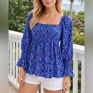 Lilly‎ Pulitzer Preslee Babydoll Top Blue Flare Growl & Prowl Size 2